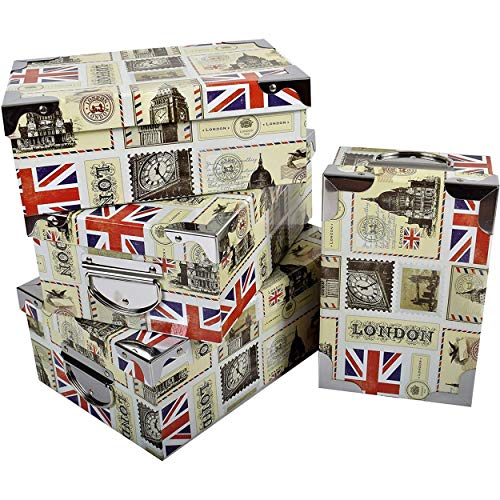 London, Satz von 4 bedruckten Pappschachteln aus Karton Dekor UK, England, London mit Metallwinkeln und Griffen. Größen: XL 29x20x11 cm - L 27x18x10,5 cm - M 25x16,5x10 cm - S 23x15x9 cm von 2J