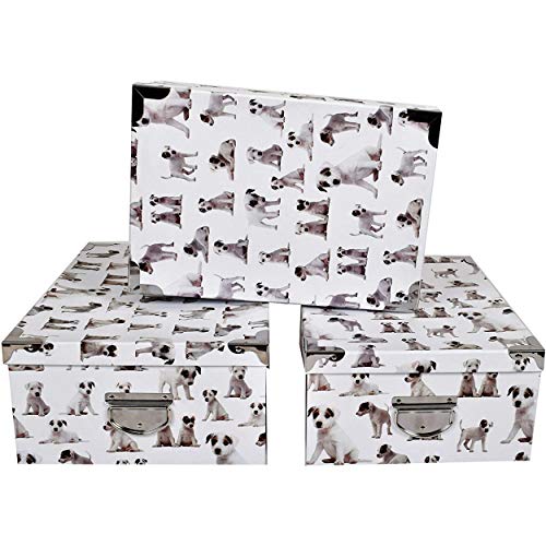 Hundeset aus 3 großen Aufbewahrungsboxen aus Pappe bedruckte Deko-Deko-Tiere Schwarzweißer Vintage-Hundeboxen für Welpen mit Metallwinkeln und Griffen. Größen: 31,5x22x12 , 33,5x23x13 , 36x25x13,5 cm von 2J