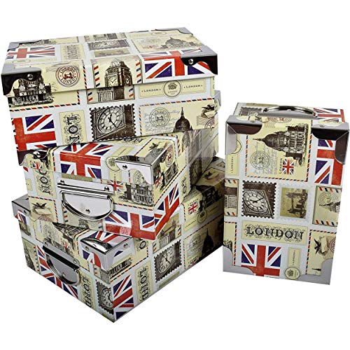 2J London,Satz von 3 bedruckten Pappschachteln aus Karton Dekor UK, England, London mit Metallwinkeln und Griffen. Größen: B 36x25x13,5 cm - M 33,5x23x13 cm - S 31,5x22x12 cm 2J London,Satz von 3 bedruckten Pappschachteln aus Karton Dekor UK, England, London mit Metallwinkeln und Griffen. Größen: B 36x25x13,5 cm - M 33,5x23x13 cm - S 31,5x22x12 cm von 2.J.