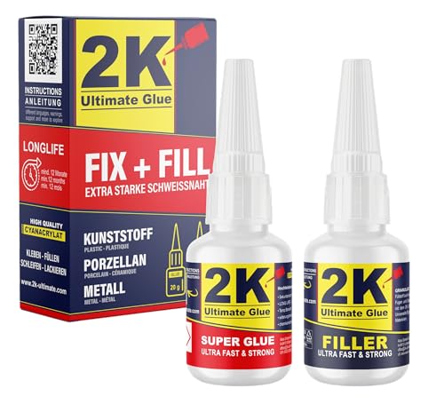 2K ultimate glue® FIX + FILL Kleber extra stark für Kunststoff Gummi Stein Keramik Sekundenkleber/Superkleber - Kunststoff Reparaturset Super glue 2 komponenten Kleber Industriekleber (1 Set) von 2K Ultimate Glue