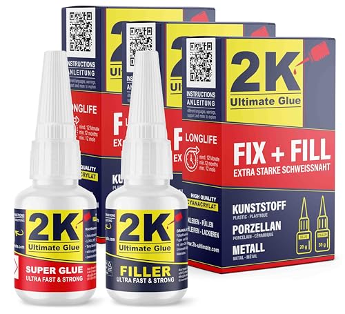 2K ultimate glue FIX + FILL Kleber extra stark für Kunststoff Gummi Stein Keramik Sekundenkleber/Superkleber - Kunststoff Reparaturset Super glue 2 komponenten Kleber Industriekleber (3 Sets) von 2K Ultimate Glue