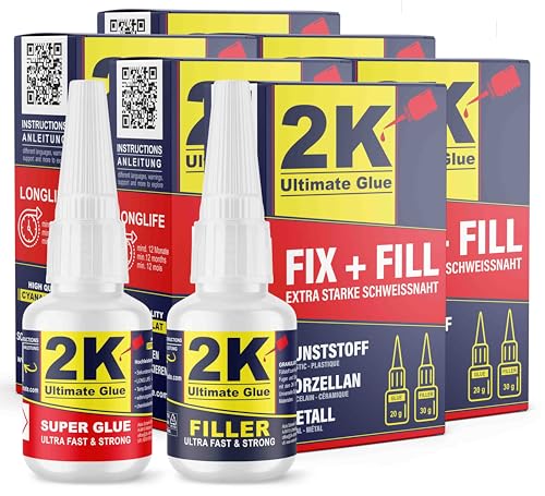 2K ultimate glue FIX + FILL Kleber extra stark für Kunststoff Gummi Stein Keramik Sekundenkleber/Superkleber - Kunststoff Reparaturset Super glue 2 komponenten Kleber Industriekleber (6 Sets) von 2K Ultimate Glue