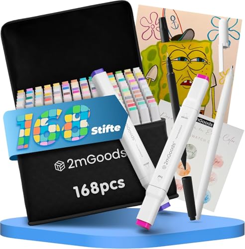 2mGoods Alkoholmarker, 24-168 Farben, Filzstifte mix- und Mischtechnik, Doppelspitze ideal für Färben, Zeichnen, Manga, Handlettering, Schnell Trocknend, Nicht Giftig, Liebevolles Geschenk (168) von 2mGoods