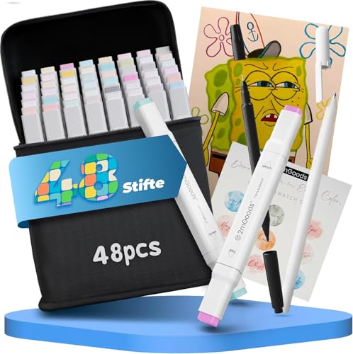 2mGoods Alkoholmarker, 24-168 Farben, Filzstifte mix- und Mischtechnik, Doppelspitze ideal für Färben, Zeichnen, Manga, Handlettering, Schnell Trocknend, Nicht Giftig, Liebevolles Geschenk (48) von 2mGoods