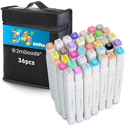 2mGoods 36 farben Filzstifte mit Doppelspitze, Copic Marker Set, Twin Marker, Alkoholmarker für Erwachsene, color pens, schnelltrocknend, geruchsarm, lichtbeständig, ideal für Kunst und Skizzen von 2mGoods