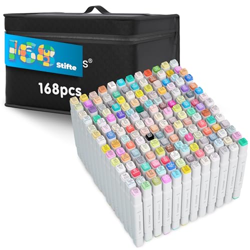 2mGoods 168 farben Filzstifte mit Doppelspitze, Copic Marker Set, Twin Marker, Alkoholmarker für Erwachsene, color pens, schnelltrocknend, geruchsarm, lichtbeständig, ideal für Kunst und Skizzen von 2mGoods