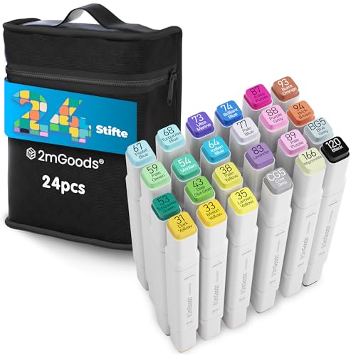 2mGoods 24 farben Filzstifte mit Doppelspitze, Alkoholmarker Set, Twin Marker, Copic Marker für Erwachsene, color pens, schnelltrocknend, geruchsarm, lichtbeständig, ideal für Illustration, Comic von 2mGoods