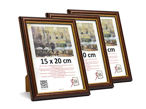 3-B Bilderrahmen BARI RUSTIKAL - 3-Pack - Dunkel Braun/Gold - 15x20 cm - Holzrahmen, Fotorahmen aus exotischem Holz (Ayous), Portraitrahmen mit Acrylglas von 3-B