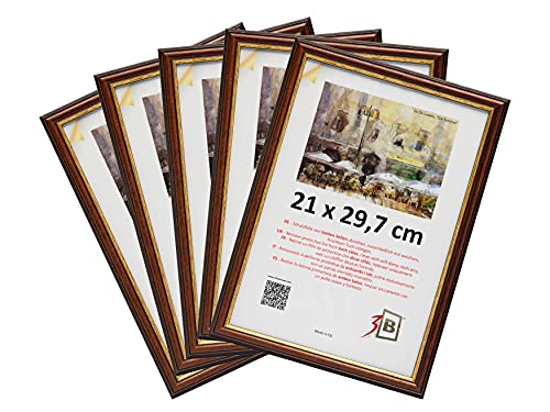 3-B Bilderrahmen BARI RUSTIKAL - 5-Pack - Dunkel Braun/Gold - 21x29,7 cm (A4) - Holzrahmen, Fotorahmen aus exotischem Holz (Ayous), Portraitrahmen mit Acrylglas von 3-B