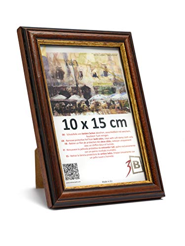 3-B Bilderrahmen BARI RUSTIKAL - Dunkel Braun/Gold - 10x15 cm - Holzrahmen, Fotorahmen aus exotischem Holz (Ayous), Portraitrahmen mit Acrylglas von 3-B