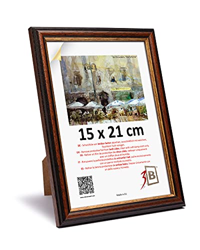 3-B Bilderrahmen BARI RUSTIKAL - Dunkel Braun/Gold - 15x21 cm (A5) - Holzrahmen, Fotorahmen aus exotischem Holz (Ayous), Portraitrahmen mit Acrylglas von 3-B