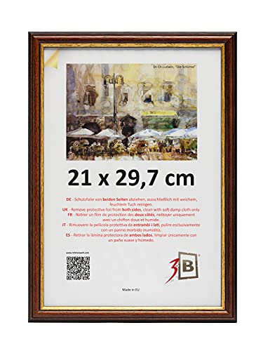3-B Bilderrahmen BARI RUSTIKAL - Dunkel Braun/Gold - 21x29,7 cm (A4) - Holzrahmen, Fotorahmen aus exotischem Holz (Ayous), Portraitrahmen mit Acrylglas von 3-B