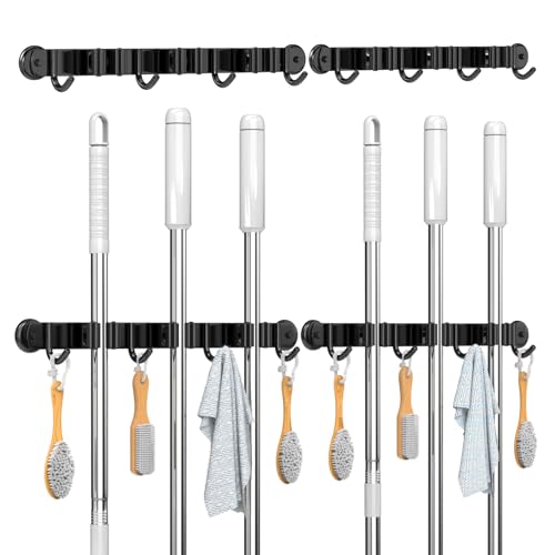 3-H 2 Stück Magnetischer Besenhalter, Besenhalterung Wand, Edelstahl Gerätehalter 3 Halter und 4 Haken, Besen Wandhalterung Gartengerätehalter Werkzeughalter für Zuhause Garten Balkon (Schwarz) von 3-H
