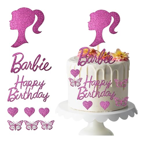 Barbie Happy Birthday Cake Toppers Set – Glitzerkarten-Dekorationen mit Barbie-Kopf, Happy Birthday-Schild, Bambusstab und mehr – hergestellt in Großbritannien – 9-teiliges Set für eine magische von 3 LITTLE DESSERTS