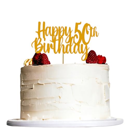 Tortenaufsatz "Happy 50th Birthday", glitzernd, mit der Zahl 50, 50. Geburtstag, Kuchendekoration, Dekoration für 50. Geburtstag, Feiern, Jahrestag, Partyzubehör (Gold 50) von 3 LITTLE DESSERTS