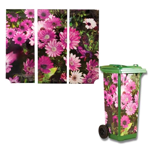 3 PAGEN® 3x Mülltonnenaufkleber Blumen, 3 Stück Mülleimer Blumen Sticker, 3 Blätter Aufkleber Gerbera selbstklebend, Blumenmotiv Rosatönen, wetterfest & langlebig, Haftfolie, 3 Sticker à 85 x 35–30 cm von 3 Pagen