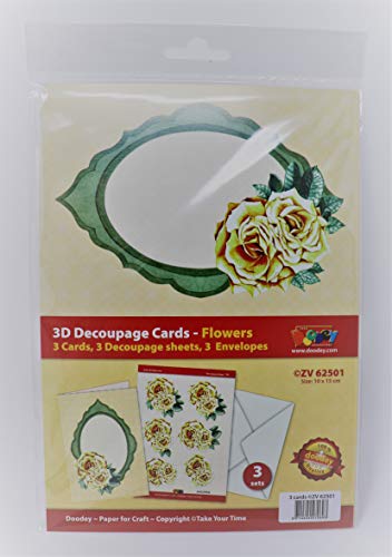 3D Decoupage-Card Flowers DS-501 Rose ovalem Rahmen, Design Kartenherstellung, enthält 3 Blumenkarten, 3 Blumen-Decoupage-Blätter und 3 Umschläge, grün und weiß, Einheitsgröße von 3D Decoupage-Card Flowers