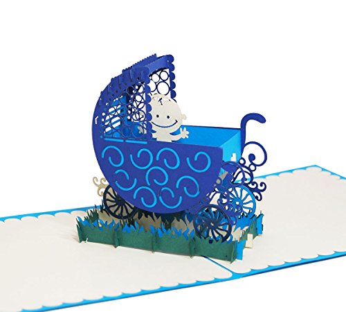 Kinderwagen (Blau) - Klappkarte / 3D Pop-Up Karte - Glückwunschkarte zur Geburt, Grußkarte mit Baby von 3D Kartenwelt