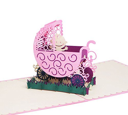 Kinderwagen (Rosa) - Klappkarte / 3D Pop-Up Karte - Glückwunschkarte zur Geburt, Grußkarte mit Baby von 3D Kartenwelt