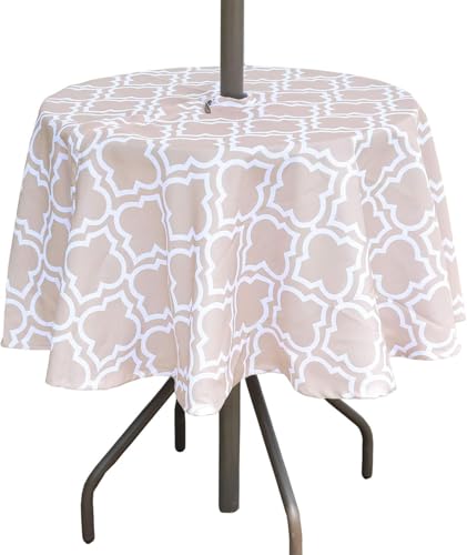 3E Home Outdoor-Tischdecke, spritzwassergeschützt, Terrasse, runde Tischdecke mit Sonnenschirmloch und Reißverschluss, für Garten, Picknick, Grillparty, 152 cm, Khaki-Gitter von 3E Home