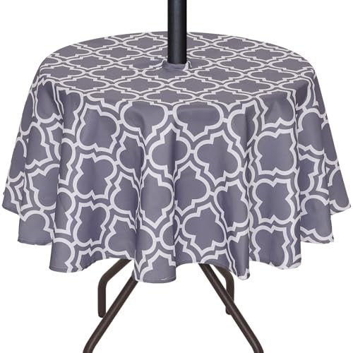 3E Home Outdoor-Tischdecke, spritzwassergeschützt, Terrasse, runde Tischdecke mit Sonnenschirmloch und Reißverschluss, für Garten, Picknick, Grillen, Party, [60 Zoll (152 cm), Graues Gitter] von 3E Home