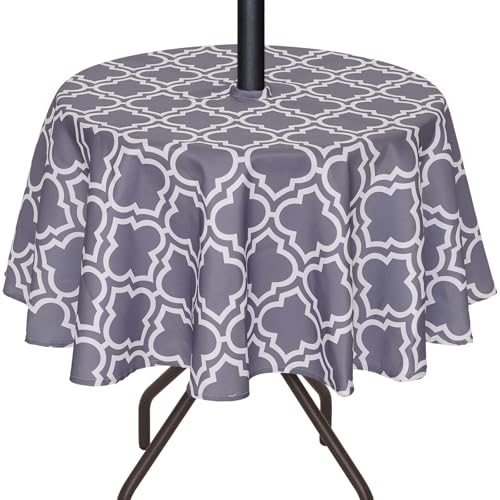 3E Home Outdoor-Tischdecke, spritzwassergeschützt, für Terrasse, runde Tischdecke, mit Loch für Sonnenschirm und Reißverschluss, Picknick, 152 cm, graues Gitter von 3E Home