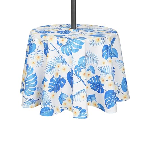 3E Home Outdoor-Tischdecke mit Sonnenschirmloch, spritzwassergeschützt, runde Tischdecke mit Schirmloch und Reißverschluss, für Garten, Picknick, Grillparty, 152 cm (Blaues Palmblatt) von 3E Home