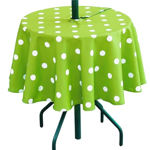 3E Home Tischdecke für den Außenbereich, mit Sonnenschirmloch, spritzwassergeschützt, runde Tischdecke mit Reißverschluss, für Garten, Picknick, Grillparty, 152 cm, Grün gepunktet von 3E Home