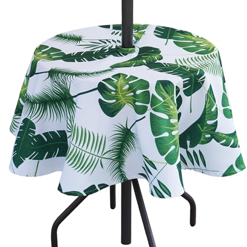 3E Home Outdoor-Tischdecke mit Sonnenschirmloch, wasserdicht, für Garten, Terrasse, runde Tischdecke, Tischdecke mit Reißverschluss für Picknicks und Partys im Freien, 132 cm, Palmblatt von 3E Home