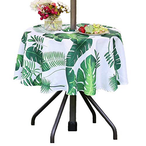 3E Home Runde Tischdecke für den Außenbereich, wasserdicht, mit Regenschirm-/Sonnenschirmloch und Reißverschluss, 152 cm, Palmblatt von 3E Home