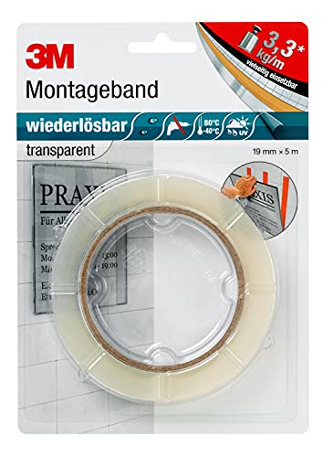 3M Wiederlösbares Montageband, doppelseitiges Klebeband für Innen- und Außenanwendungen, 19 mm x 5 m x 0,8 mm, transparent (1er Pack) 3M Wiederlösbares Montageband, doppelseitiges Klebeband für Innen- und Außenanwendungen, 19 mm x 5 m x 0,8 mm, transparent (1er Pack) von 3M