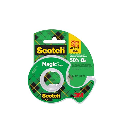 Scotch Magic Tape - 1 Rolle 19mmx25m + 5m GRATIS + Handabroller - Unsichtbares Klebeband für allgemeine Zwecke zur Reparatur, Etikettierung und Versiegelung von Dokumenten von Scotch