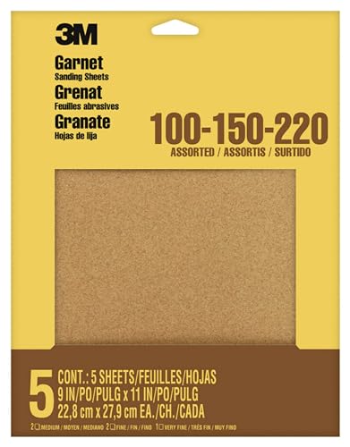 3M 9040NA Granat-Schleifpapier, Zoll, sortierte Körnung, 5-Blatt-9040NA, 22,9 x 27,9 cm von 3M