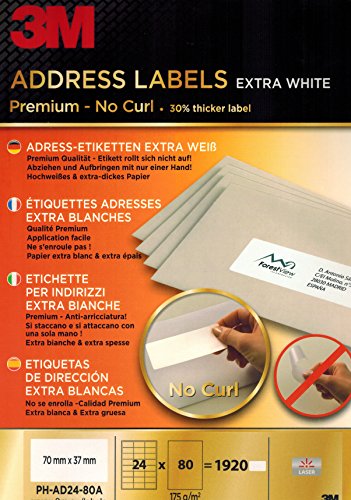 3M Premium Adress-Etiketten mit No-Curl Technologie: 70x37mm 24 Etiketten pro Blatt, 80 Blatt pro Pack; 1920 Etiketten pro Pack von 3M