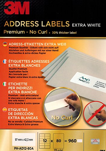 3M Premium Adress-Etiketten mit No-Curl Technologie: 97x42.3mm 12 Etiketten pro Blatt, 80 Blatt pro Pack; 960 Etiketten pro Pack von 3M