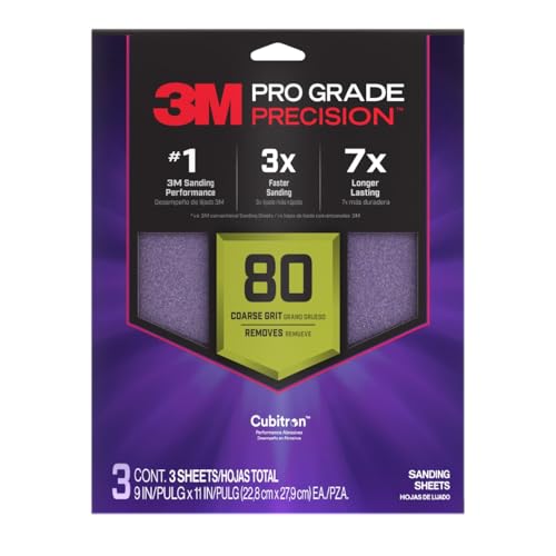 3M Pro Grade SHR80-PGP-3T Präzisions-Schleifblätter mit rutschfestem Griff, 22,9 x 27,9 cm, Körnung 80, 3 Stück von 3M