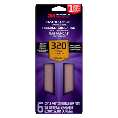 3M Pro Grade SHTR320-PGP-6T Präzisions-Schleifblätter mit rutschfestem Griff, 8,9 x 22,9 cm, Körnung 320, 6 Stück von 3M
