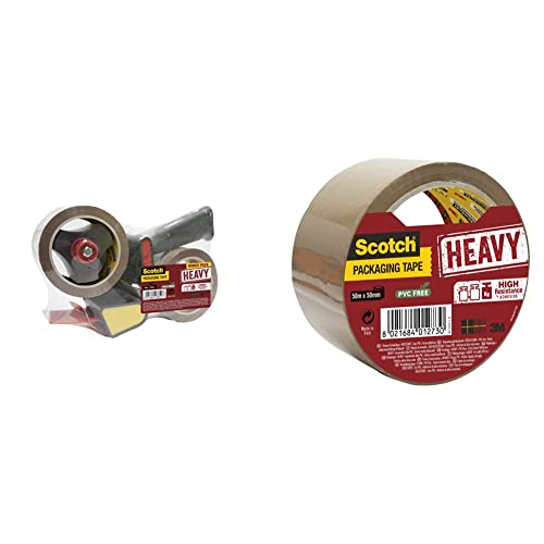 3M Scotch Abroller für Paketklebeband + 2 Rollen Scotch Hochwertiges Klebeband, 50 mm x 66 m, Braun & HV5050SB Verpackungsklebeband HEAVY, 50 mm x 50 m, braun von Scotch