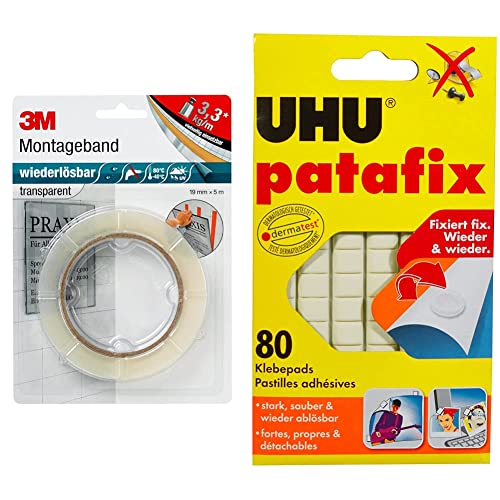 3M Wiederlösbares Montageband, doppelseitiges Klebeband für Innen- und Außenanwendungen, 19 mm x 5 m x 0,8 mm, transparent & UHU patafix weiß, wieder ablösbare Klebepads, 80 Stück von 3M