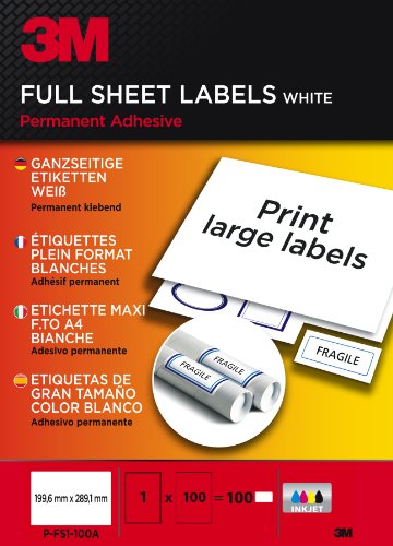 Ganzseitige Etiketten für Inkjet, 199.6 x 289.1 mm, 100 Etiketten, weiß von 3M
