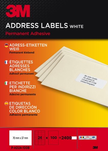 PA24100B Adress-Etiketten für Inkjet, Laser, Kopierer, 70 x 37 mm, 2400 Etiketten, weiß von 3M