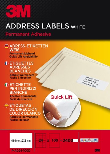 PA24100D Quick Lift Adress-Etiketten für Inkjet, Laser, Kopierer, 64.6 x 33.8 mm, 2400 Etiketten, weiß von 3M