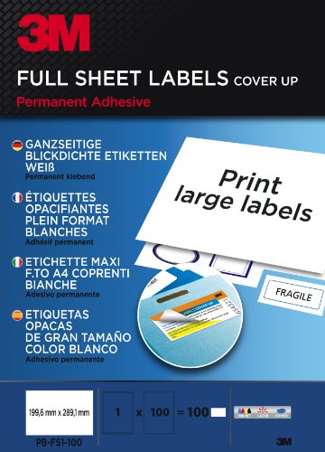 PBFS1100 Ganzseitige, blickdichte Etiketten für Inkjet, Laser, Drucker, 199.6 x 289.1 mm, 100 Etiketten, weiß von 3M
