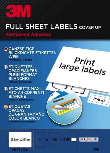 PBFS1100 Ganzseitige, blickdichte Etiketten für Inkjet, Laser, Drucker, 199.6 x 289.1 mm, 100 Etiketten, weiß PBFS1100 Ganzseitige, blickdichte Etiketten für Inkjet, Laser, Drucker, 199.6 x 289.1 mm, 100 Etiketten, weiß von 3M