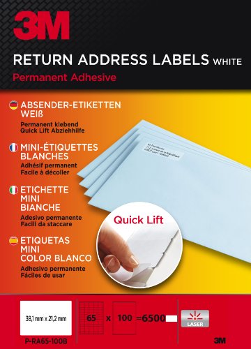 PR65100B Quick Lift Absender-Etiketten für Laserdrucker, 38.1 x 21.2 mm, 6500 Etiketten, weiß von 3M