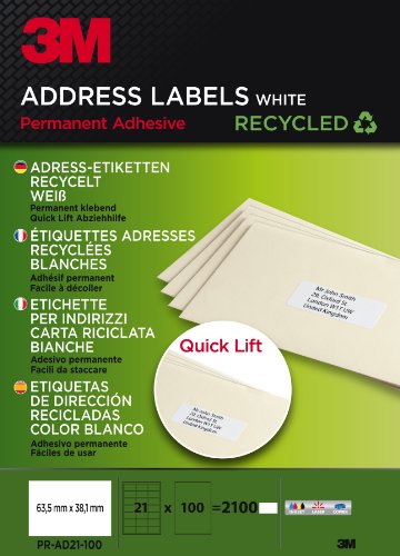 PRA21100 Quick Lift Adress-Etiketten recycelt für Inkjet, Laser, Kopierer, 63.5 x 38.1 mm, 2100 Etiketten PRA21100 Quick Lift Adress-Etiketten recycelt für Inkjet, Laser, Kopierer, 63.5 x 38.1 mm, 2100 Etiketten von 3M