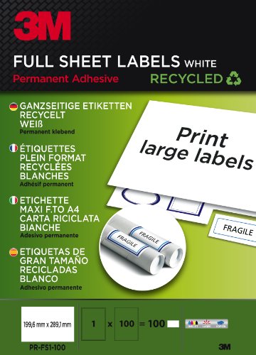 PRFS1100 Ganzseitige Etiketten recycelt für Inkjet, Laser, Kopierer, 199.6 x 289.1 mm, 100 Etiketten von 3M