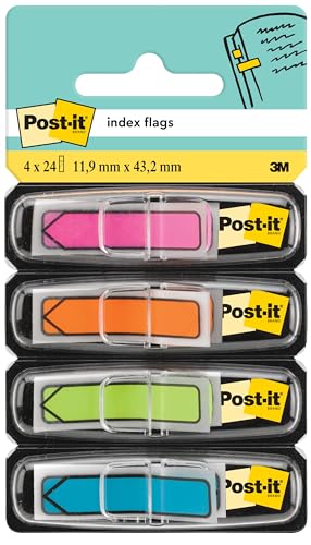 Post-it Index Pfeile, Blau, Orange, Rosa und Grün, 4 x 24 Haftstreifen im Spender 11.9 mm x 43.2 mm - Für Dokumente und Wichtige Informationen von Post-it