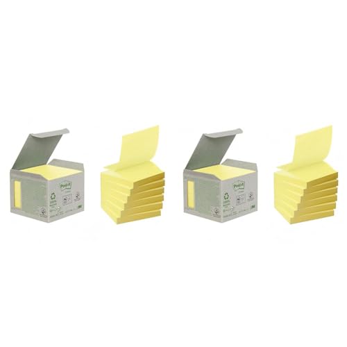 Post-it Haftnotiz Recycling Z-Notes Mini Tower, 76 x 76 mm, 100 Blatt, 6 Block, Pastellgelb - in Weiteren Farben Verfügbar - Selbstklebende Notizzettel aus 100% Recyclingpapier (Packung mit 2) von 3M