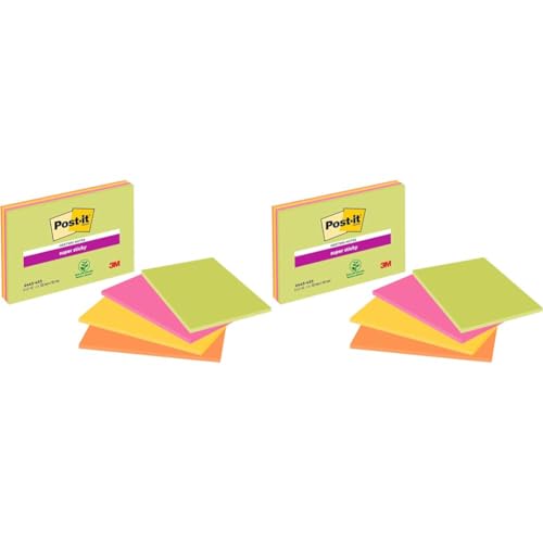 Post-it Super Sticky Large Notes, Packung mit 4 Blöcken, 45 Blatt pro Block, 152 mm x 101 mm, Grün, Gelb, Orange, Pink, Haftnotizen für Notizen, To-Do-Listen und Erinnerungen (Packung mit 2) von 3M